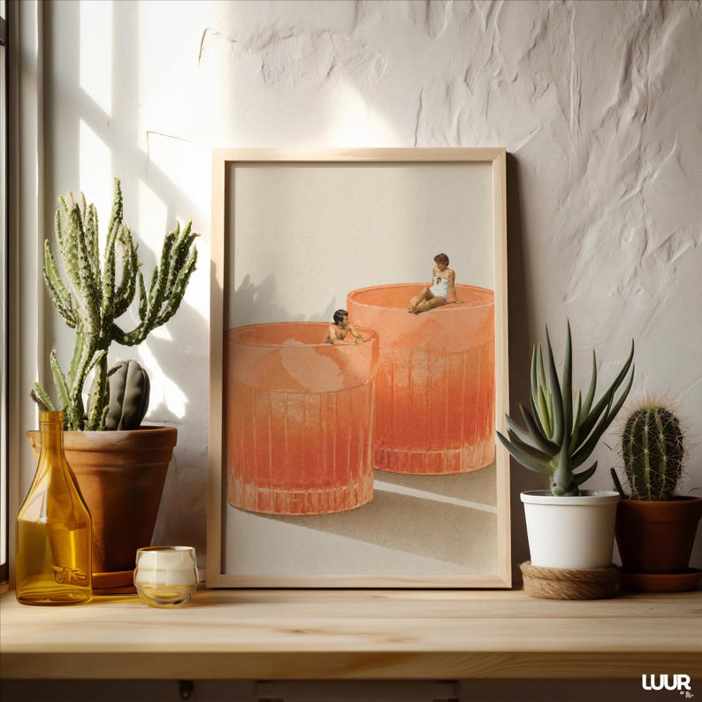 Surreal Cocktail Wall Art, Aperol Spritz Poster, Vintage Summer Print, Retro Pool Scene, Minimal Beach Art, Printable Wall Art, Digital Download