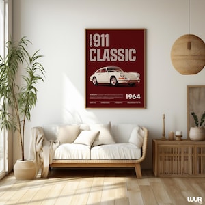 Porsche Wall Art, Classic 911 Print, Retro Car Poster, Vintage Sports Car Artwork, Minimal Red Automotive Decor, Digital Download
