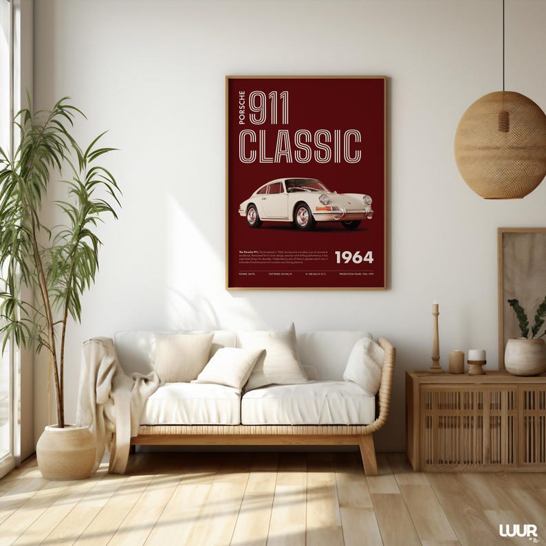 Porsche Wall Art, Classic 911 Print, Retro Car Poster, Vintage Sports Car Artwork, Minimal Red Automotive Decor, Digital Download