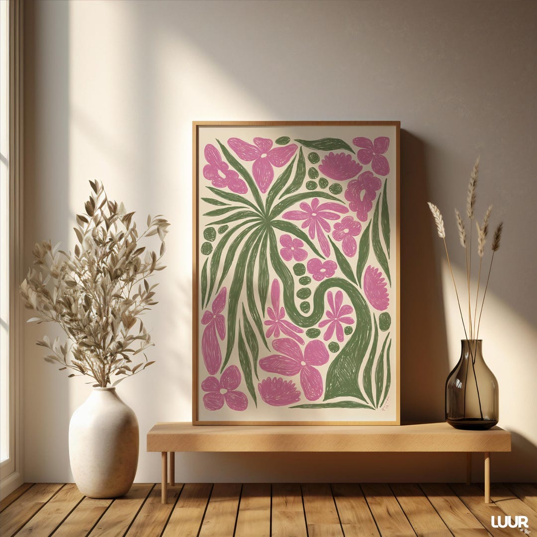 Botanical Wall Art, Pink and Green Botanical Poster, Floral Wall Decor ...