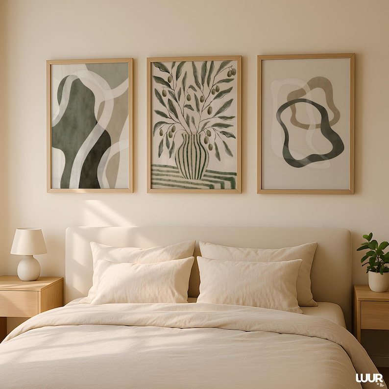 Boho Wall Art Set of 3, Green Gallery Wall Art Prints, Minimal Botanical Abstract Posters, Modern Neutral Home Decor, Olive Green Wall Art