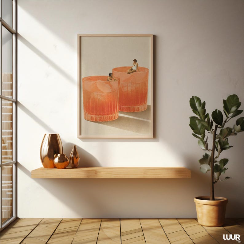 Surreal Cocktail Wall Art, Aperol Spritz Poster, Vintage Summer Print, Retro Pool Scene, Minimal Beach Art, Printable Wall Art, Digital Download