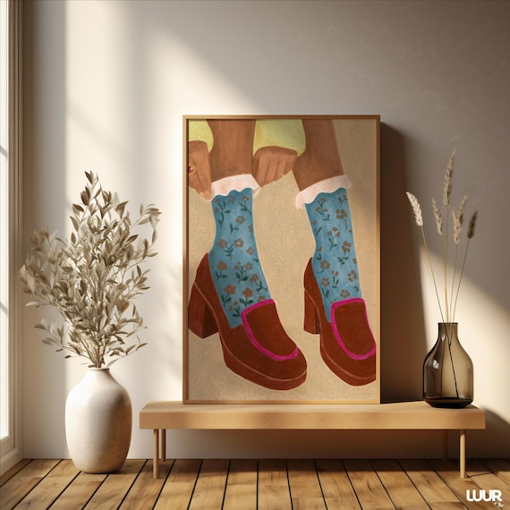 Girly Wall Art, Retro Heels Illustration, Blue Floral Socks Print, Vintage Fashion Poster, Feminine Digital Download, Cute Wall Art Decor