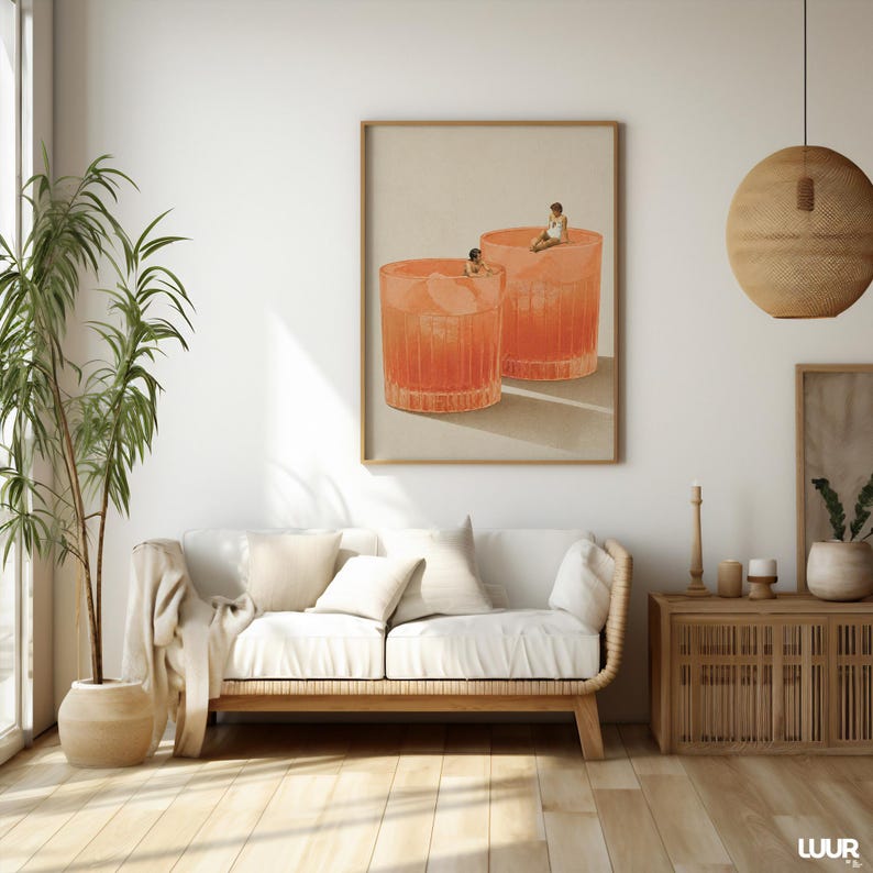 Surreal Cocktail Wall Art, Aperol Spritz Poster, Vintage Summer Print, Retro Pool Scene, Minimal Beach Art, Printable Wall Art, Digital Download