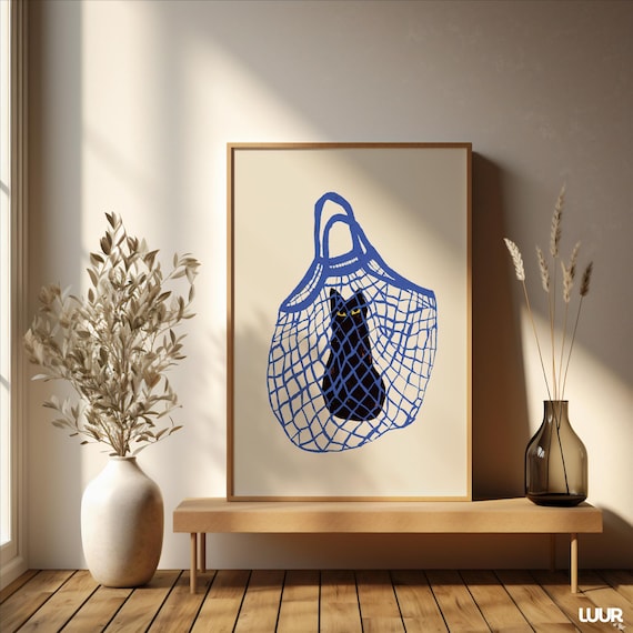 Black Cat Wall Art Printable, Cat in Bag Poster, Blue and Black Color Cat Print for Home Decor, Digital Wall Art, Instant Download, Cat Art