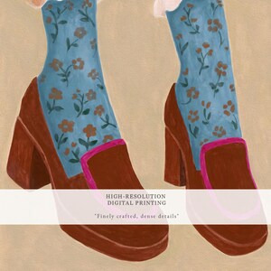 Girly Wall Art, Retro Heels Illustration, Blue Floral Socks Print, Vintage Fashion Poster, Feminine Digital Download, Cute Wall Art Decor