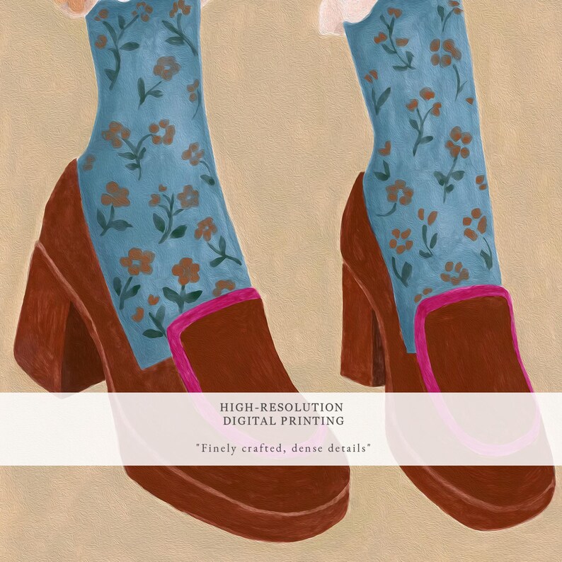 Girly Wall Art, Retro Heels Illustration, Blue Floral Socks Print, Vintage Fashion Poster, Feminine Digital Download, Cute Wall Art Decor