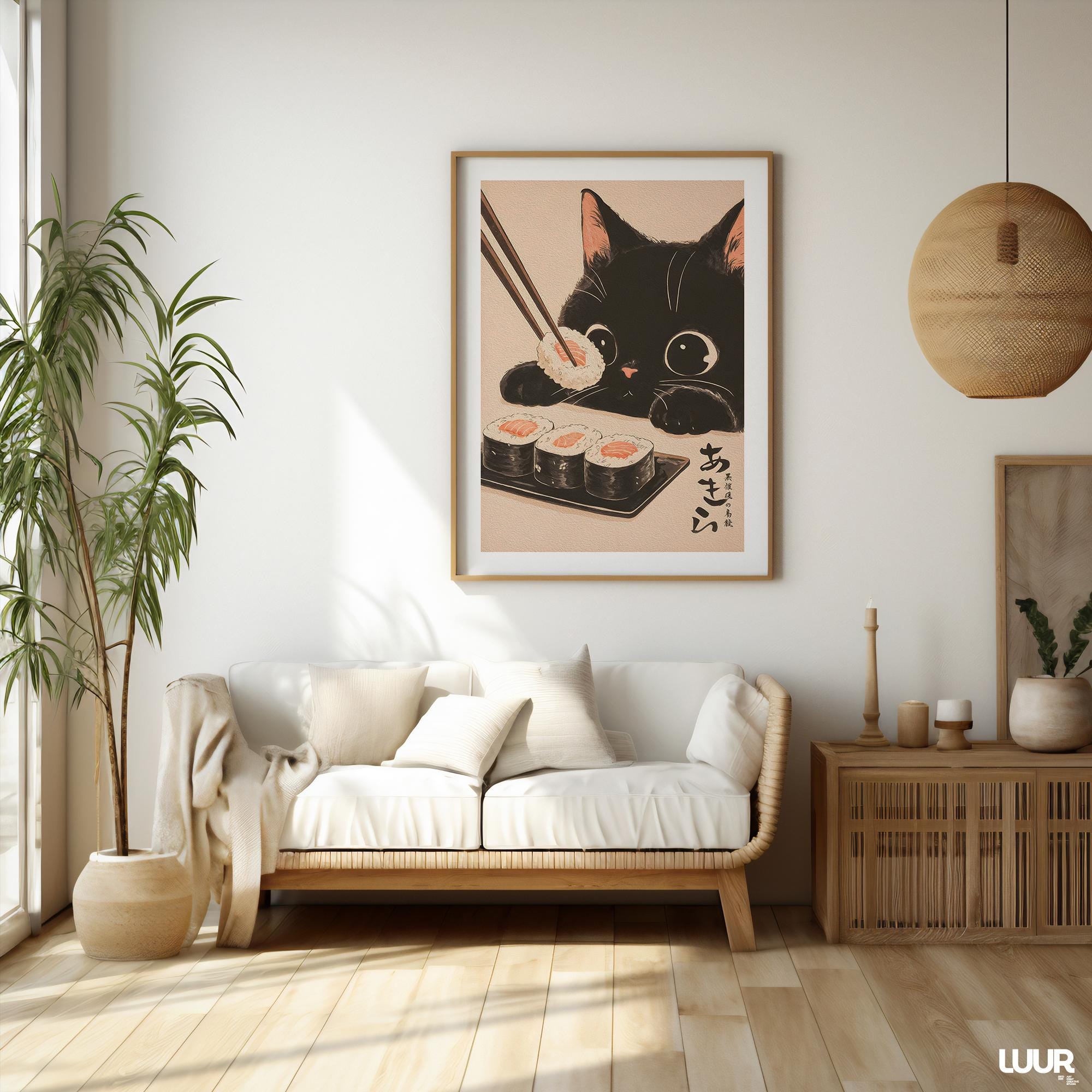 Japanese Wall Art Black Cat Wall Art Print, Cute Sushi Cat Poster ...