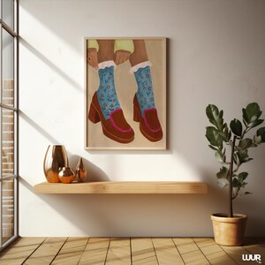 Girly Wall Art, Retro Heels Illustration, Blue Floral Socks Print, Vintage Fashion Poster, Feminine Digital Download, Cute Wall Art Decor