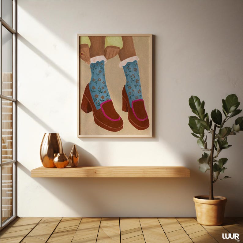 Girly Wall Art, Retro Heels Illustration, Blue Floral Socks Print, Vintage Fashion Poster, Feminine Digital Download, Cute Wall Art Decor