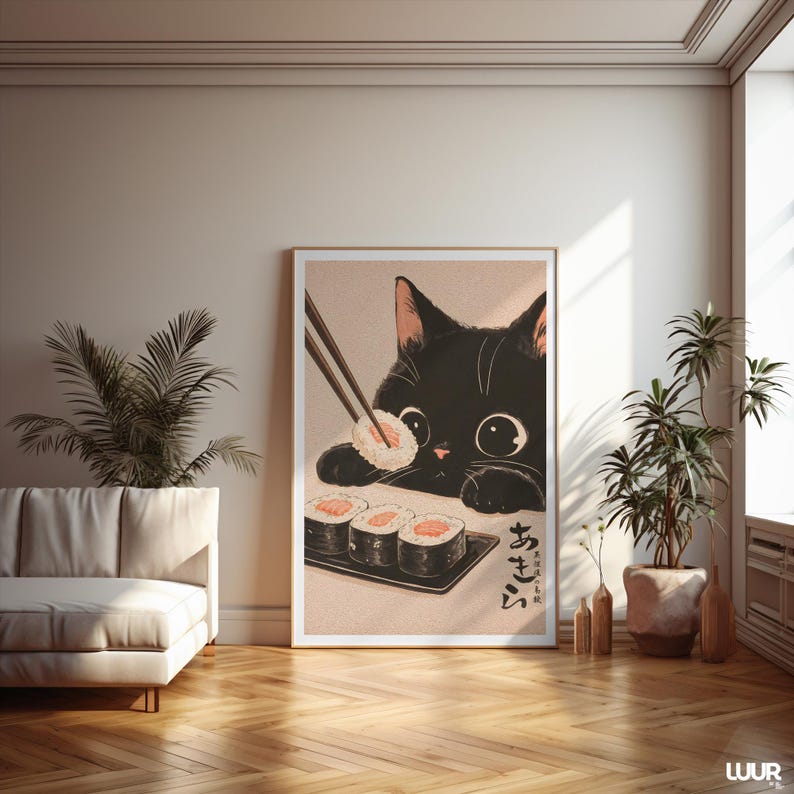 Japanese Wall Art Black Cat Wall Art Print, Cute Sushi Cat Poster, Modern Wall Decor for Kitchen Living Room, Instant Digital Download