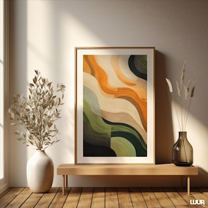 May include: A framed abstract art print with a warm color palette of orange, green, and beige. The artwork is displayed on a wooden bench, with a vase of dried plants to the right and a vase of dried leaves to the left.