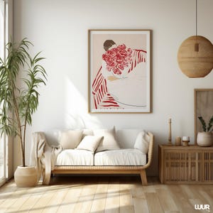 Girly Wall Art, Woman with Flowers Print, Minimalist Red and Pink Illustration, Feminine Modern Digital Poster, Chic Wall Decor for Bedroom
