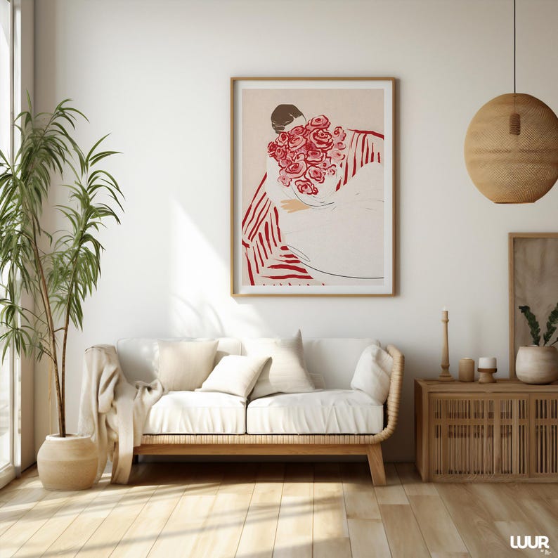 Girly Wall Art, Woman with Flowers Print, Minimalist Red and Pink Illustration, Feminine Modern Digital Poster, Chic Wall Decor for Bedroom