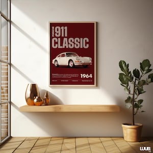 Porsche Wall Art, Classic 911 Print, Retro Car Poster, Vintage Sports Car Artwork, Minimal Red Automotive Decor, Digital Download