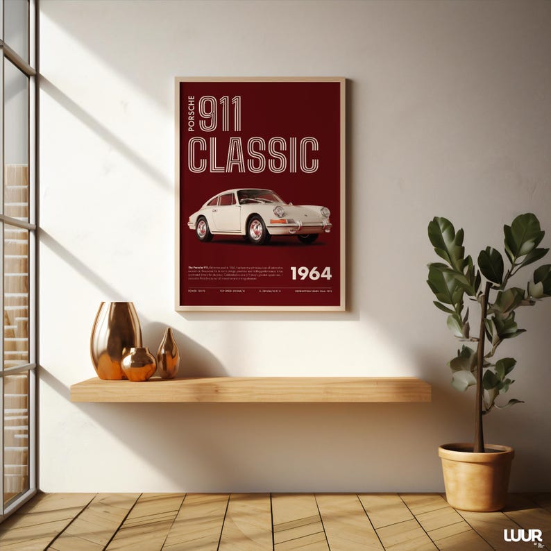 Porsche Wall Art, Classic 911 Print, Retro Car Poster, Vintage Sports Car Artwork, Minimal Red Automotive Decor, Digital Download