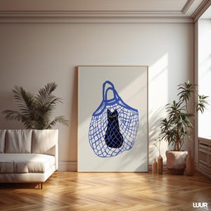 Black Cat Wall Art Printable, Cat in Bag Poster, Blue and Black Color Cat Print for Home Decor, Digital Wall Art, Instant Download, Cat Art