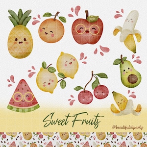 Süße Früchte Cliparts Set, süßes PNG, Party Dekor, Spritzer, Dekor, Wassermelone, süße Früchte, Banane, Avocado, süße Kirsche, sizilianische Zitrone
