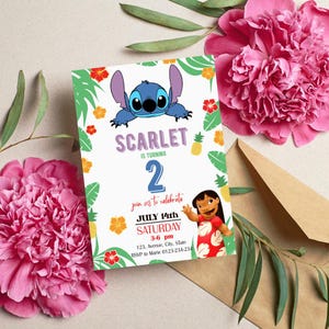 Convite de aniversário da Lilo e do Stitch | Modelo editável para festa tropical havaiana | Download instantâneo | Convite digital para festa infantil