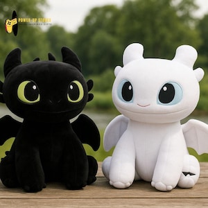 トゥースレス＆ライトフューリードラゴン風ぬいぐるみ枕 - ハンドメイドアニメ睡眠クッション - ブラックホワイトぬいぐるみナイトフューリーぬいぐるみ - HTTYDぬいぐるみ