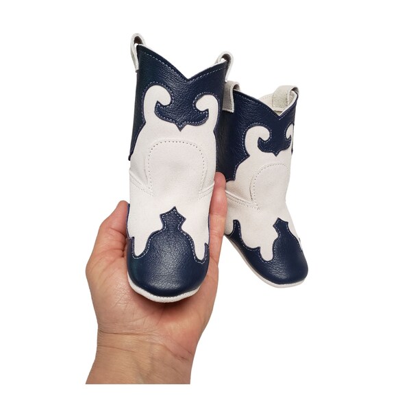 Navy White Baby Leather Cowboy Boots - Infant Soft Soled Booties - Western Style Kids Boots - Gender Neutral Newborn Baby Announcement Prop