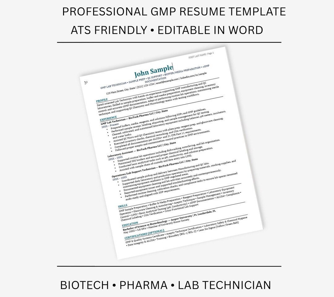 Lab Technician Resume + Cover Letter Bundle | Biotech/pharma/clinical ...