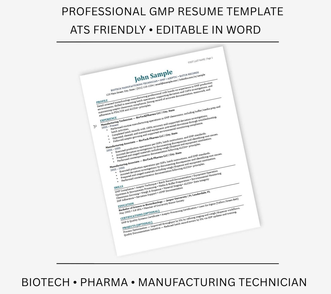 GMP Manufacturing Resume + Cover Letter Bundle | Biotech/fda/pharma ...