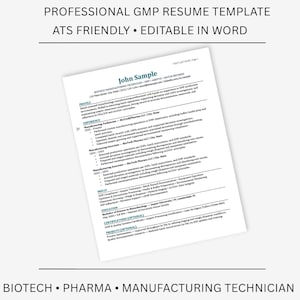 Puede incluir: Una plantilla de currículum vitae blanca con el texto "PROFESSIONAL GMP RESUME TEMPLATE" y "ATS FRIENDLY • EDITABLE IN WORD" en la parte superior. El currículum incluye el nombre "John Sample" y secciones para experiencia y educación. El texto inferior dice "BIOTECH • PHARMA • MANUFACTURING TECHNICIAN."