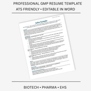 Puede incluir: Una plantilla de currículum vitae GMP profesional con el texto "ATS FRIENDLY • EDITABLE IN WORD" en la parte superior. El currículum incluye secciones para perfil, experiencia, habilidades, educación y certificaciones. La parte inferior de la imagen incluye el texto "BIOTECH • PHARMA • EHS".