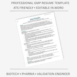 May include: A white resume template with the text "PROFESSIONAL GMP RESUME TEMPLATE" and "ATS FRIENDLY • EDITABLE IN WORD" at the top. The resume includes the name "John Sample" and sections for experience and skills. The bottom text reads "BIOTECH • PHARMA • VALIDATION ENGINEER".