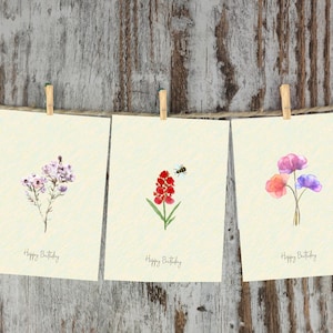 Bundel bloemenverjaardagskaarten – 3 digitale kaarten om af te drukken – botanische stijl – direct downloaden
