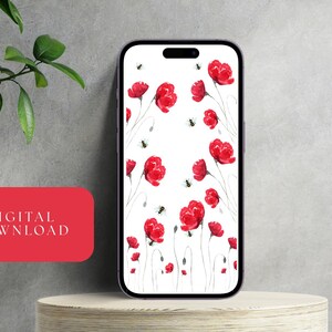 Poppies & Bees iPhone Wallpaper – Floral Phone Background – Red Botanical Lock Screen Digital Download