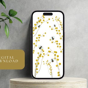 Mimosa iPhone Wallpaper | Yellow Floral Digital Lock Screen | Bee Aesthetic Phone Background | iOS Wallpaper Download | Matching Phone Case