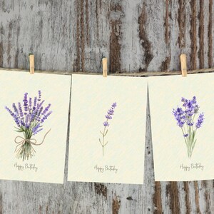 Biglietti di Buon Compleanno Lavanda – Set di 3 Carte Digitali – Design Floreale Acquerello – Download Istantaneo