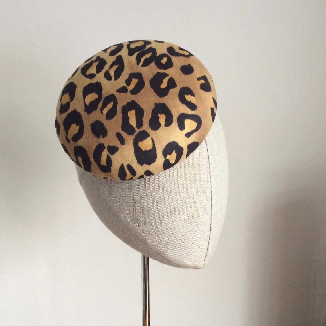 Leopard Print Cocktail Hat Hand Blocked Felt Mini Pillbox Hat Fascinator