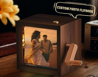 Personalized Photo Flipbook Animation Box, Custom Wooden Photo Book with Light Crank Picture Box Anniversary Birthday Wedding Creative Gifts