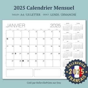 Calendrier imprimable 2025, agenda mensuel français, phases de la lune, paysage horizontal A4/Letter, début dimanche/lundi, télécharger PDF