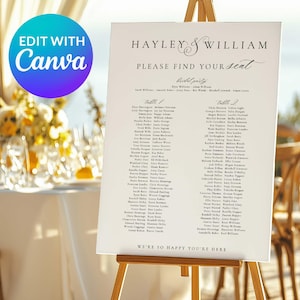 Op de afbeelding: Een witte trouwzittingstafel op een houten ezel. De kaart toont namen en tafelindelingen. De tekst luidt "Hayley & William, Please Find Your Seat." De achtergrond omvat een gedecoreerde tafel en stoelen.