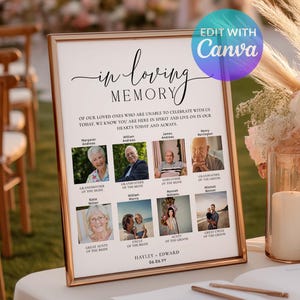 May include: A framed wedding memorial sign with the words "In Loving Memory" and photos of loved ones. The sign includes the text "Edit with Canva" in the upper right corner. The sign is on a table with a candle and flowers.