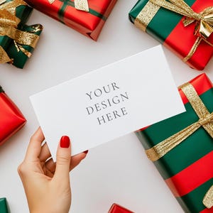 Mockup landschapscadeaubon, PSD Smart Object Mockup, Mockup uitnodigingskaart, Kerst Mockup, 4 x 8 kaart Mockup, Platte kaart uitnodigingssjabloon