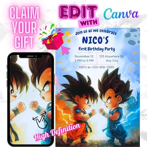 Dragonball Birthday Invitation | Editable Digital Invite for Kids | Goku Party Theme | Instant Download | Dragonball Z Party Invite | canva