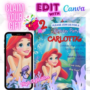 Editable The Little Mermaid Birthday Party Invitation, Ariel Birthday Party Invite, New Little Mermaid Birthday Invites, Editable on Canva
