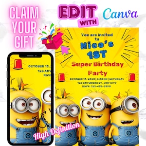 Editable Minion Birthday Party Invitation, Minions Birthday Party Invite, New Minions Birthday Invites, Editable on Canva, canva, whatsapp
