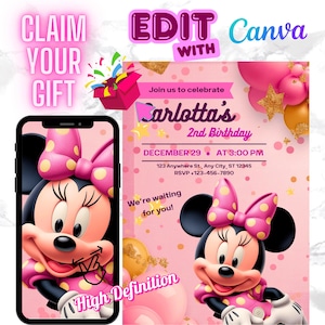 Twodles Birthday Invitation – Editable Mouse 2nd Birthday – Pink Boho Girl Party – Digital Download - Minnie Invite - party invito minnie