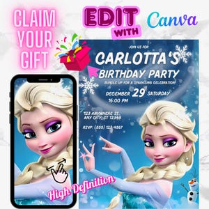Frozen Birthday Invitation for Girls – Editable Digital Invite – Princess Elsa & Anna Party – Instant Download – PRINCESS GIRL - CANVA edit