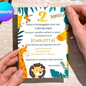Invito Compleanno Jungle per Bambini – Modificabile su Canva – Animali della Giungla – Download Digitale Istantaneo - Giraffa - Elefante