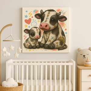 Könnte beinhalten: Quadratischer Leinwanddruck mit einer skurrilen Illustration einer Mutterkuh und ihres Kalbes. Die schwarz-weiße Kuh hat gestickte Details und sitzt neben einem kleineren Kalb. Der Hintergrund ist mit pastellfarbenen Sternen, Herzen und Blitzen verziert.