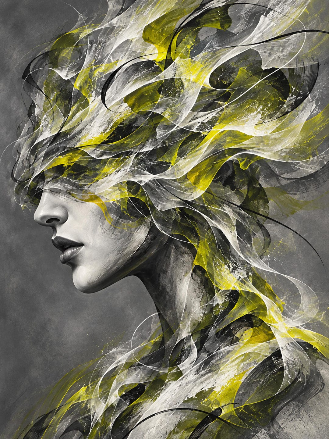 Lime Flow Abstract Portrait Printable Wall Art, Green Female Portrait ...