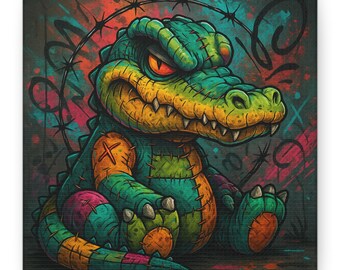 Graffiti-alligator patchwork canvas kunst: stedelijke jungle kinderkamerdecoratie