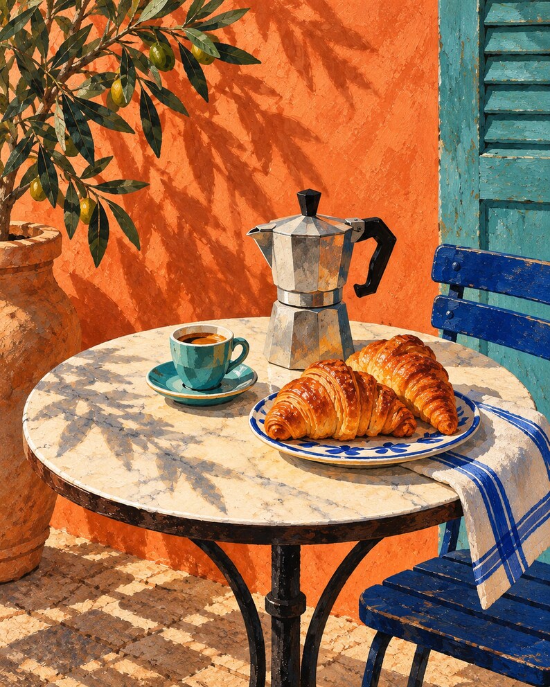 Mediterranean Cafe Croissant Printable Wall Art, Coffee and Pastry Art ...